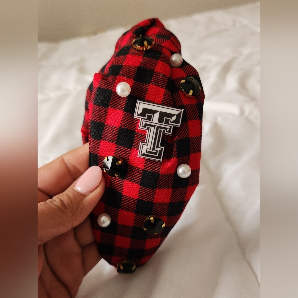 Red and Black Plaid Headband with Embellishments